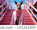 Portrait of a man in a pink modern and fashionable suit with a dog's head. The concept of fashion and style 105262895