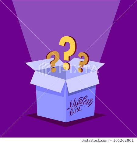 Mystery Secret boxes. Cardboard open box with Question mark. Holiday surprise box Mystery Secret boxes. Cardboard open box with Question mark. Holiday surprise box 105262901