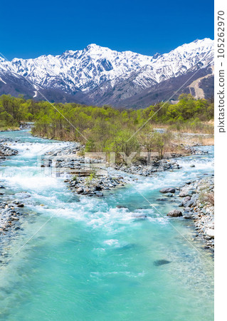 "Nagano Prefecture" Northern Alps of remaining snow and the clear stream of Matsukawa, Hakuba Village 105262970