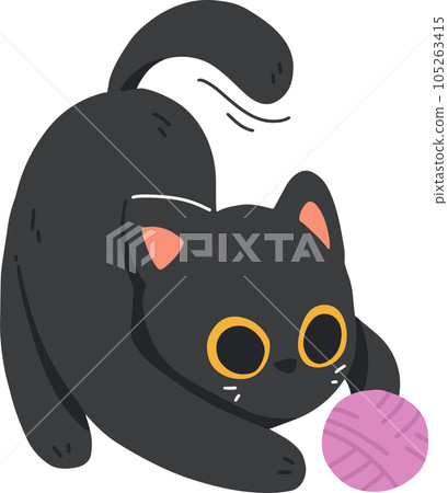 Cute Black Cat Playing with Ball of Yarn Celebrating International Cat Day Cute Black Cat Playing with Ball of Yarn Celebrating International Cat Day 105263415
