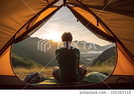Adventurous Camper's Serene Mountain View A Spectacular Retreat in Nature. created with Generative AI Adventurous Camper's Serene Mountain View A Spectacular Retreat in Nature. created with Generative AI 105263518