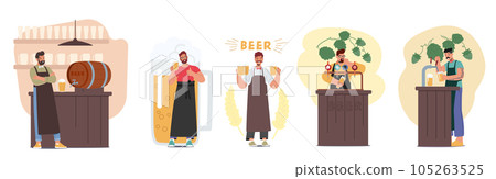Skillful Bartender Male Characters Expertly Serving Craft Beer, Skillfully Filling Mugs With Rich And Diverse Flavors 105263525
