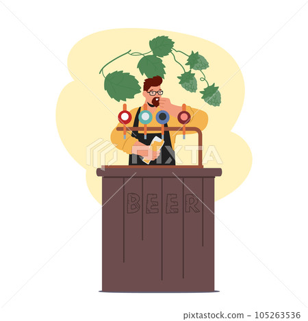 Skillful Bartender Male Character Pour Craft Beer Using Tap System, Ensuring A Smooth And Consistent Pour 105263536