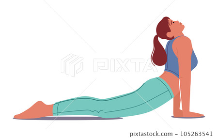 Woman Performing Bhujangasana, Cobra Pose. Female Character Stretches Her Arms Straight, Lifts Chest Off The Ground Woman Performing Bhujangasana, Cobra Pose. Female Character Stretches Her Arms Straight, Lifts Chest Off The Ground 105263541
