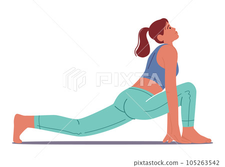 Woman Performing Ashwasanchalasana, Also Known As Equestrian Pose In Yoga, Involves Kneeling With One Leg Forward Woman Performing Ashwasanchalasana, Also Known As Equestrian Pose In Yoga, Involves Kneeling With One Leg Forward 105263542