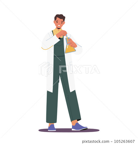 Chemist Male Character Analyzing Beer In A Glass Flask, Carefully Measuring And Observing Its Chemical Properties 105263607