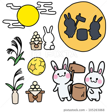 An illustration set featuring a rabbit in the image of a moon viewing An illustration set featuring a rabbit in the image of a moon viewing 105263868