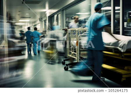 Hospital emergency team rush patient in clinic corridor. Generative AI 105264175