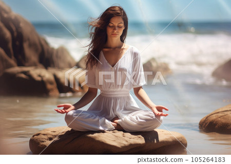 Woman meditating on beach. Mental health and meditation. Generative AI 105264183