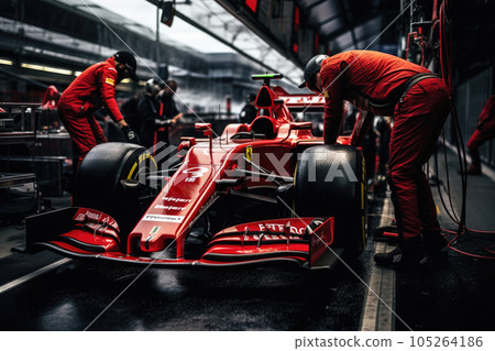 Formula one racing car in garage. Generative AI 105264186