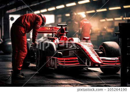 Formula one racing car in garage. Generative AI Formula one racing car in garage. Generative AI 105264190