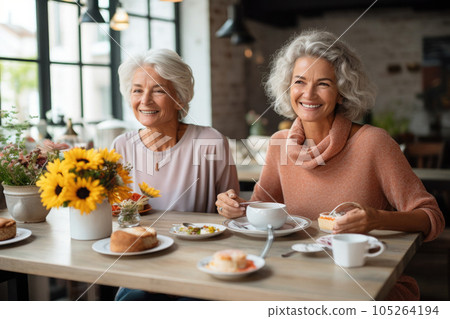 Senior friends spending time together in cafe. Generative AI 105264194