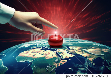World war concept. Hand push red button for nuclear attack. Generative AI 105264231