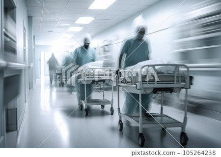 Hospital emergency team rush patient in clinic corridor. Generative AI 105264238