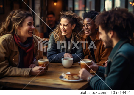 Happy friends meeting in cafe. Generative AI 105264405