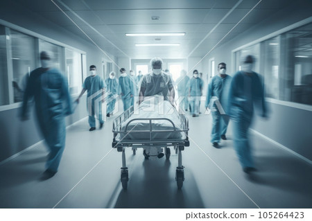 Hospital emergency team rush patient in clinic corridor. Generative AI Hospital emergency team rush patient in clinic corridor. Generative AI 105264423