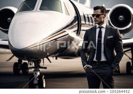 Businessman in suit stands next to private plane. Generative AI Businessman in suit stands next to private plane. Generative AI 105264452