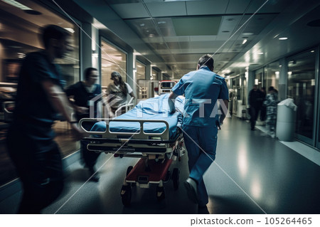 Hospital emergency team rush patient in clinic corridor. Generative AI Hospital emergency team rush patient in clinic corridor. Generative AI 105264465