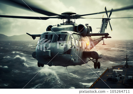 Navy Helicopter Touchdown Powerful Landing on a Warship. created with Generative AI Navy Helicopter Touchdown Powerful Landing on a Warship. created with Generative AI 105264711
