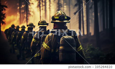 Brave Guardians of the Wild Volunteer Firefighters Battling a Raging Forest Fire with Courage. created with Generative AI 105264810