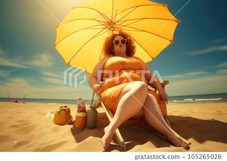 Plus size woman relaxing on beach. Obesity concept. Generative AI Plus size woman relaxing on beach. Obesity concept. Generative AI 105265026