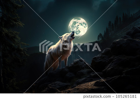 Lunar Serenade Majestic White Wolf Howling at the Moon. created with Generative AI 105265181