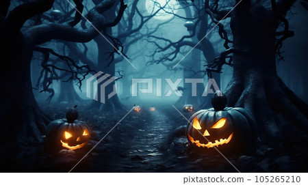 Enchanting Haunted Forest Blue Moon Halloween Night with Spectral Jack-o'-Lanterns. created with Generative AI 105265210