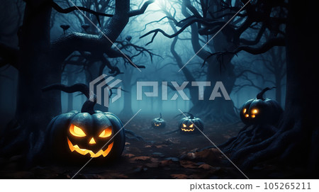 Enchanting Haunted Forest Blue Moon Halloween Night with Spectral Jack-o'-Lanterns. created with Generative AI 105265211