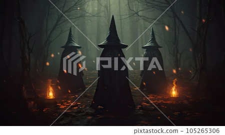 Mystical Witches' Ritual A Gloomy Dramatic Forest Background for Halloween Holiday and Witchcraft on October 31. created with Generative AI Mystical Witches' Ritual A Gloomy Dramatic Forest Background for Halloween Holiday and Witchcraft on October 31. created with Generative AI 105265306