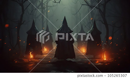 Mystical Witches' Ritual A Gloomy Dramatic Forest Background for Halloween Holiday and Witchcraft on October 31. created with Generative AI Mystical Witches' Ritual A Gloomy Dramatic Forest Background for Halloween Holiday and Witchcraft on October 31. created with Generative AI 105265307