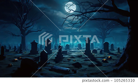 Moonlit Cemetery on a Field A Haunting Halloween Background on October 31. created with Generative AI 105265310