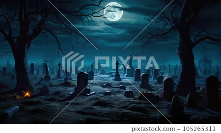 Moonlit Cemetery on a Field A Haunting Halloween Background on October 31. created with Generative AI 105265311