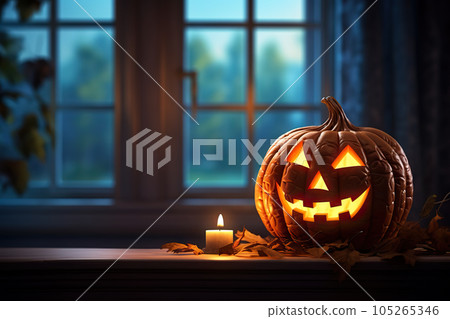 Scary Pumpkin Lantern with Evil Grin for Halloween: Spooky Halloween Decoration. created with Generative AI 105265346
