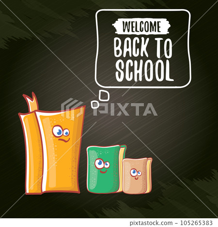 Back to school banner or poster with cartoon funky book and hand drawn doodle text label on black chalkboard texture backdrop. Vector back to school background with cartoon school supplies Back to school banner or poster with cartoon funky book and hand drawn doodle text label on black chalkboard texture backdrop. Vector back to school background with cartoon school supplies 105265383
