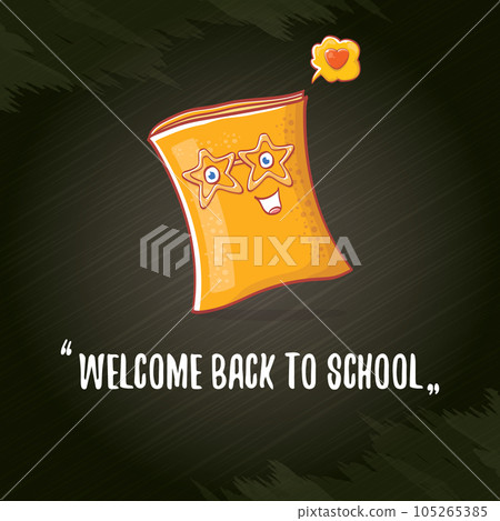 Back to school banner or poster with cartoon funky book and hand drawn doodle text label on black chalkboard texture backdrop. Vector back to school background with cartoon school supplies 105265385