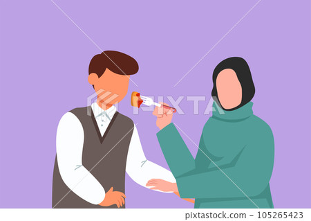 Character flat drawing obese Arab couple sitting at table eating sweet tasty cake. Overweight woman feeding fat man with spoon. Unhealthy nutrition obesity concept. Cartoon design vector illustration Character flat drawing obese Arab couple sitting at table eating sweet tasty cake. Overweight woman feeding fat man with spoon. Unhealthy nutrition obesity concept. Cartoon design vector illustration 105265423