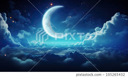 Celestial Serenity Romantic Moon in a Starry Night Sky Over Clouds. created with Generative AI 105265432