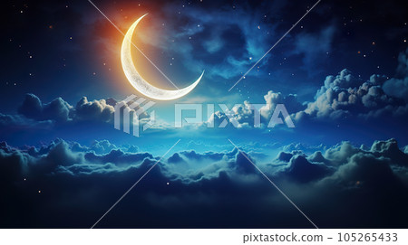 Celestial Serenity Romantic Moon in a Starry Night Sky Over Clouds. created with Generative AI 105265433