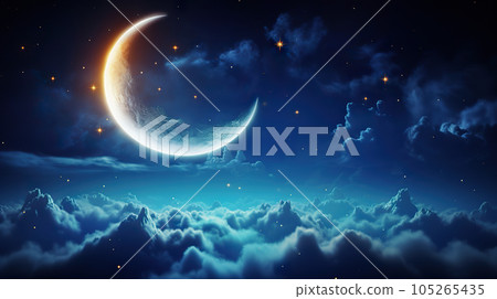 Celestial Serenity Romantic Moon in a Starry Night Sky Over Clouds. created with Generative AI 105265435