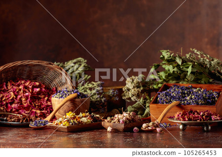 Herbal tea mix and various dried medicinal plants. 105265453