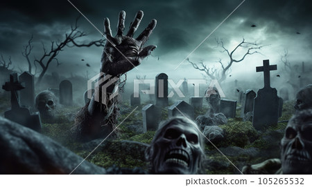 Eerie Night Awakening Zombie Hand Emerging from the Graveyard. created with Generative AI 105265532
