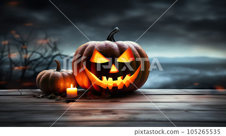 Malevolent Glow Sinister Jack O Lantern on Misty Coastal Night. created with Generative AI Malevolent Glow Sinister Jack O Lantern on Misty Coastal Night. created with Generative AI 105265535