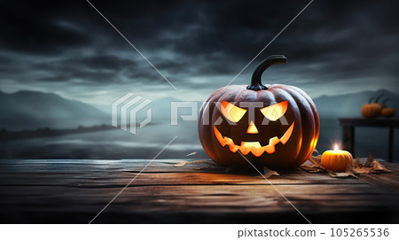 Malevolent Glow Sinister Jack O Lantern on Misty Coastal Night. created with Generative AI 105265536