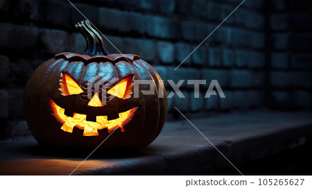Sinister Glow Haunting Jack O Lantern by the Haunted Castle. created with Generative AI 105265627