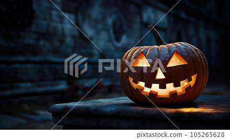 Sinister Glow Haunting Jack O Lantern by the Haunted Castle. created with Generative AI 105265628
