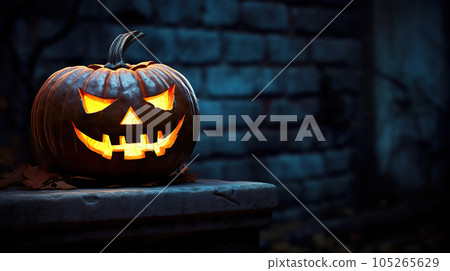 Sinister Glow Haunting Jack O Lantern by the Haunted Castle. created with Generative AI 105265629