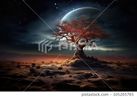 Lonely dried tree in desert landscape at starry night. Generative AI Lonely dried tree in desert landscape at starry night. Generative AI 105265765