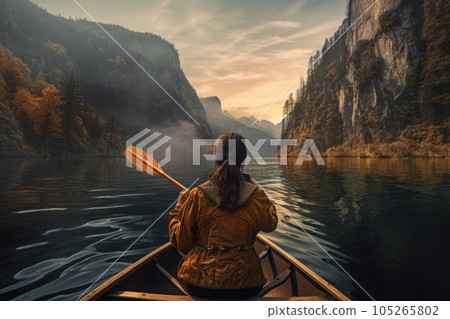 Woman is sailing on boat on lake in beautiful mountain landscape. Generative AI Woman is sailing on boat on lake in beautiful mountain landscape. Generative AI 105265802