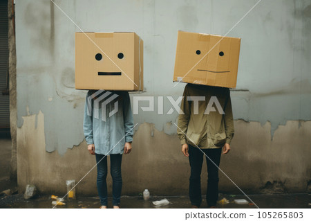 Man and woman with cardboard boxes on head. Generative AI Man and woman with cardboard boxes on head. Generative AI 105265803