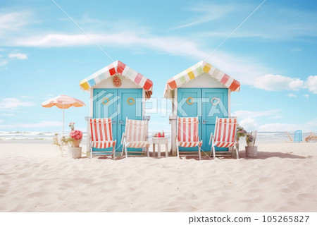 Small colorful beach houses on seashore. Summer holidays. Generative AI 105265827